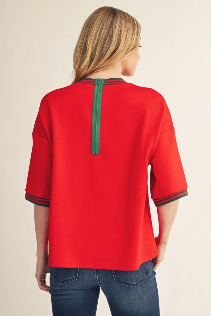 Drop Shoulder Half Sleeve Knit Top with Color Rib Band