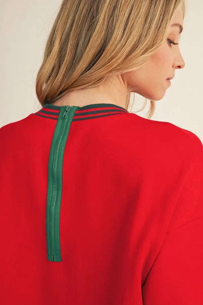 Drop Shoulder Half Sleeve Knit Top with Color Rib Band