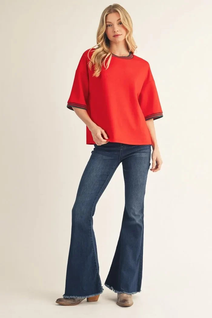 Drop Shoulder Half Sleeve Knit Top with Color Rib Band