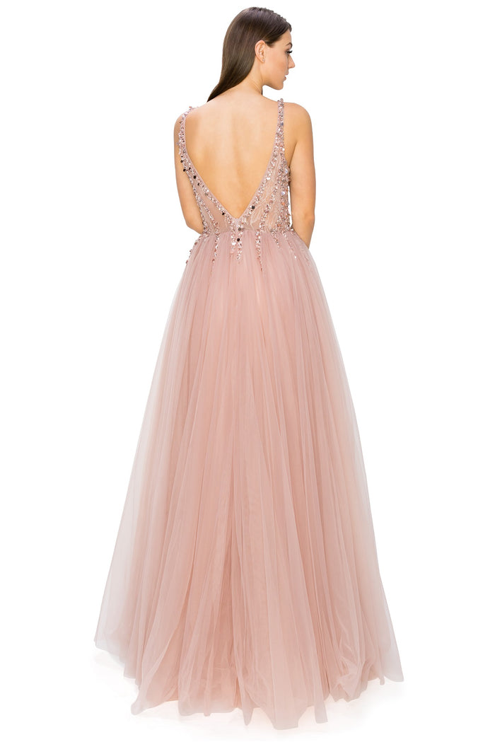 Dusty-Rose Sequins Lace Tulle A-line Gown by Cinderella Couture USA AS8034J - Special Occasion/Curves