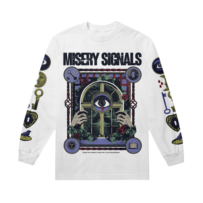 A white, relaxed-fit long-sleeve Misery Signals shirt featuring the band name above hands holding a golden window with an eye, surrounded by roses and keys with unique symbols.