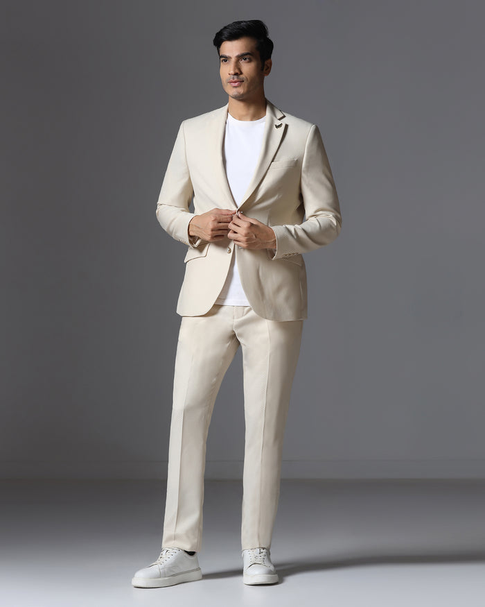 Ecru Three Piece Jacqaurd Suit - Moraco