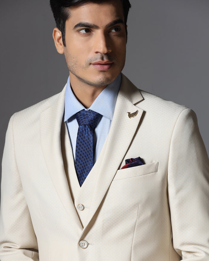 Ecru Three Piece Jacqaurd Suit - Moraco