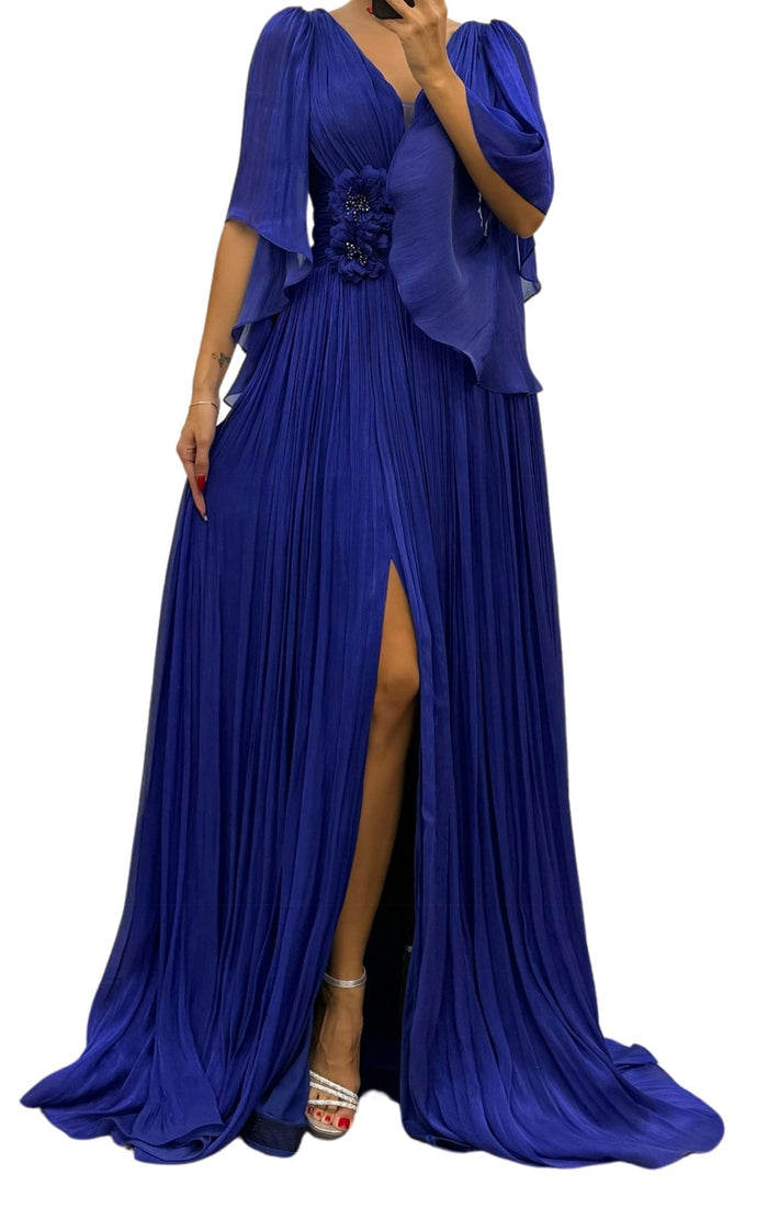 Cult Moda Elegant Chiffon Evening Dress Gown with Floral Brooch in Blue - Runway Catalog