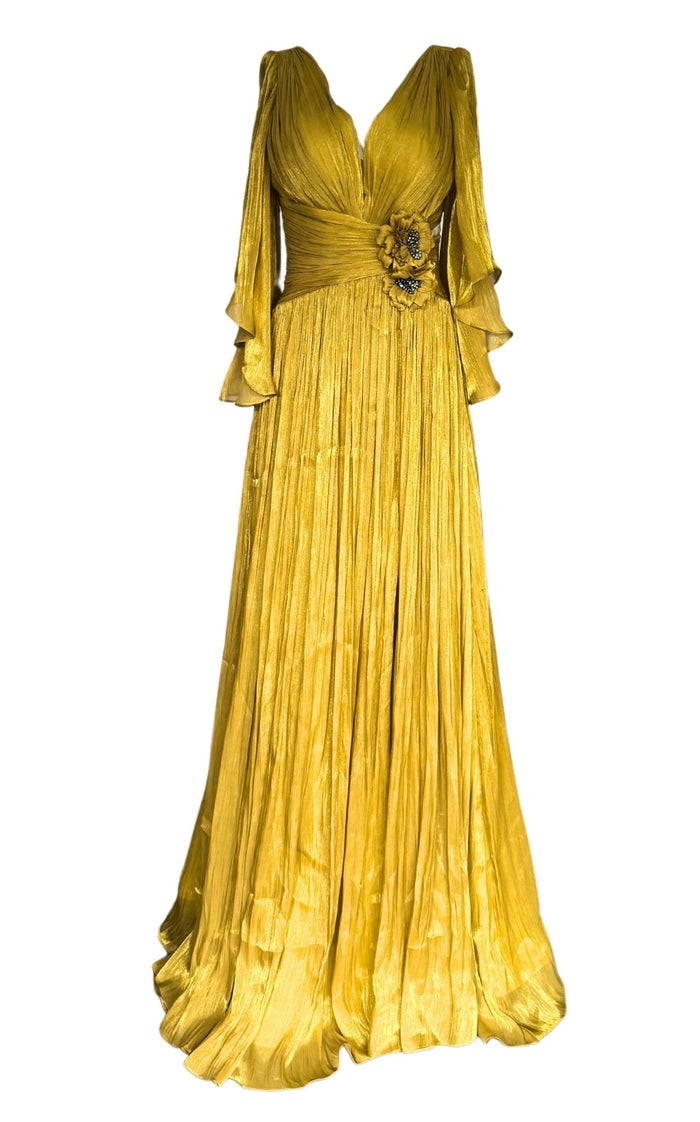 Cult Moda Elegant Chiffon Evening Dress Gown with Floral Brooch - Runway Catalog