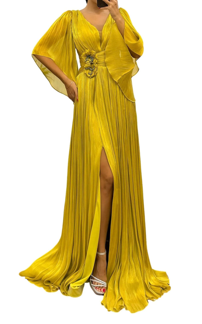 Cult Moda Elegant Chiffon Evening Dress Gown with Floral Brooch - Runway Catalog