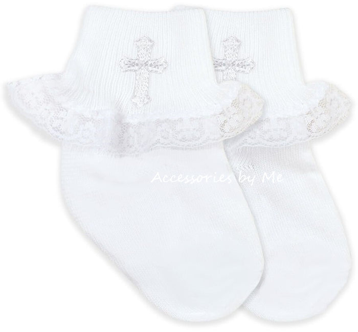 White Embroidered Cross Lace Trim Socks