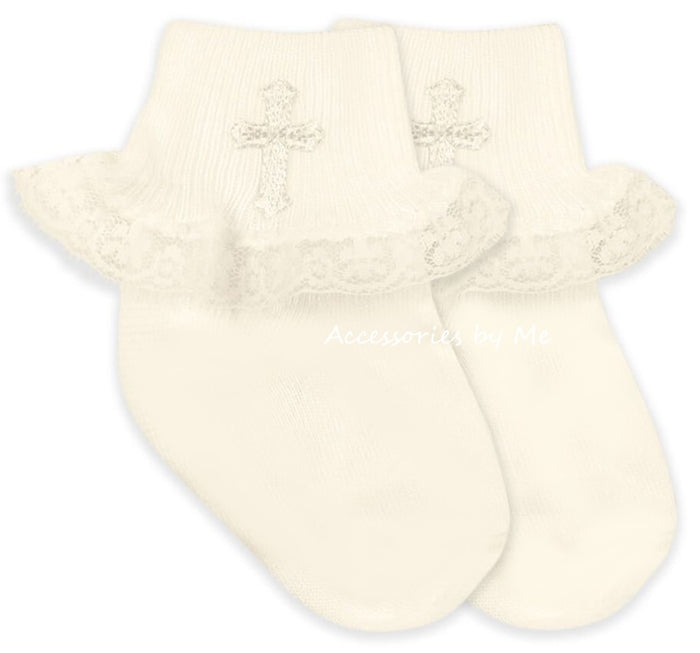 Ivory Embroidered Cross Lace Trim Socks