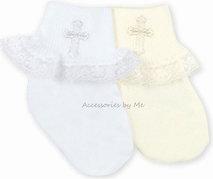 Embroidered Cross Lace Trim Socks available in White or Ivory