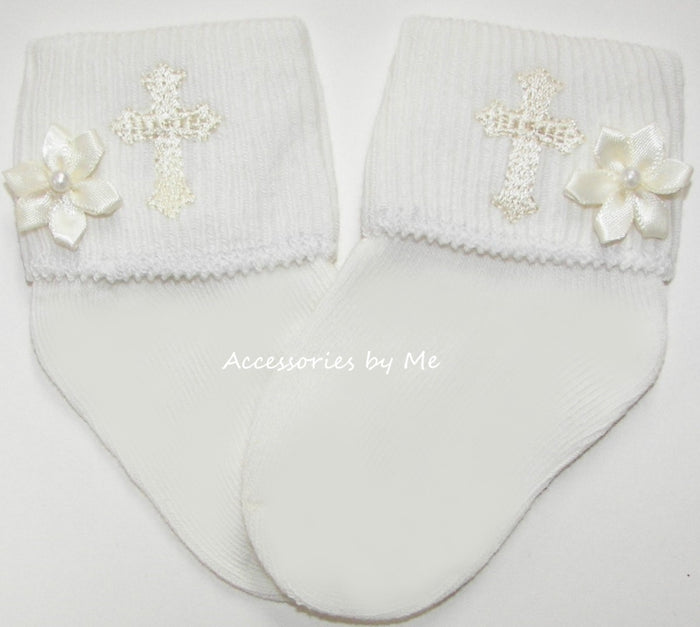 Embroidered Cross Socks - Available in White or ivory