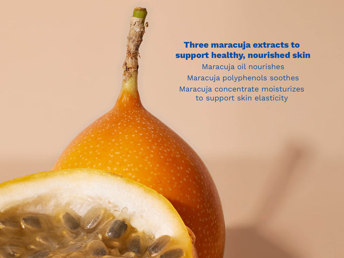 Maracuja fruit with text about its benefits on a beige background