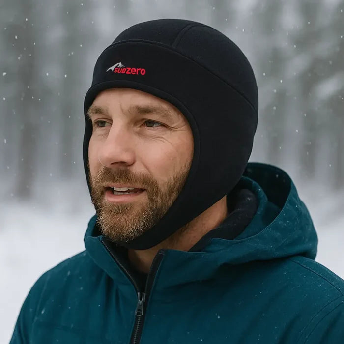Man wearing a Sub Zero Factor 3 fleece beanie hat with ear guards in a snowy landscape