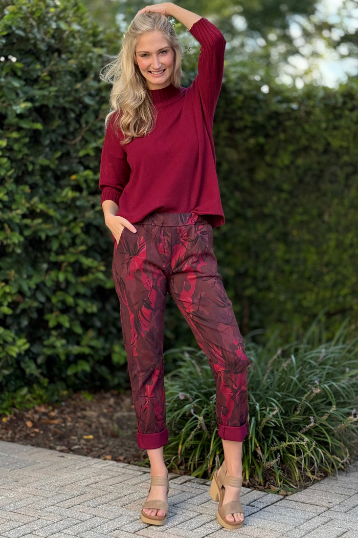 Flora Ashley Pull-On Printed Pants in Burgundy