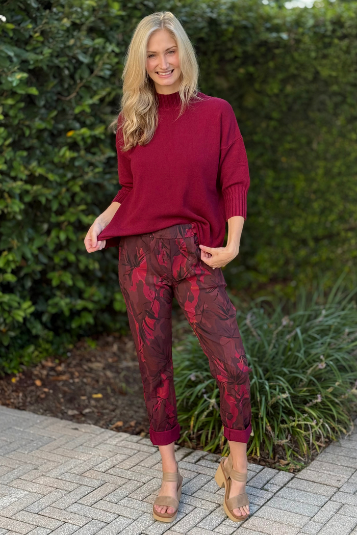 Flora Ashley Pull-On Printed Pants in Burgundy