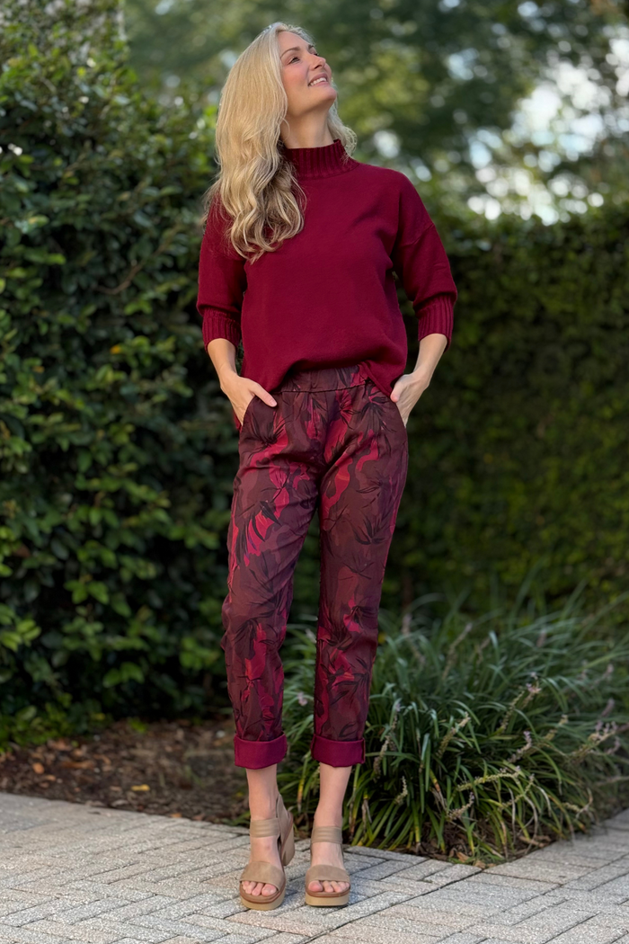 Flora Ashley Pull-On Printed Pants in Burgundy