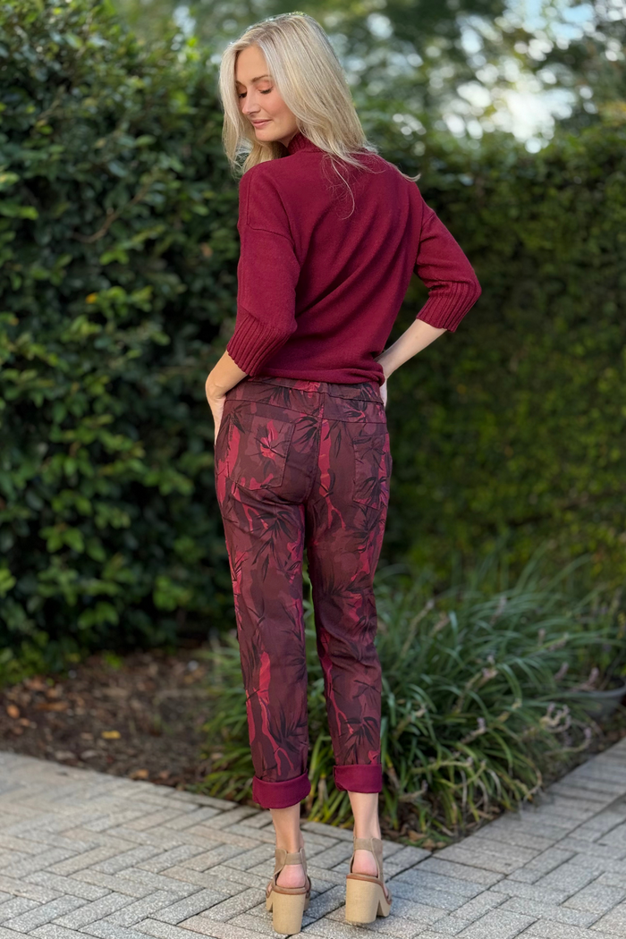 Flora Ashley Pull-On Printed Pants in Burgundy
