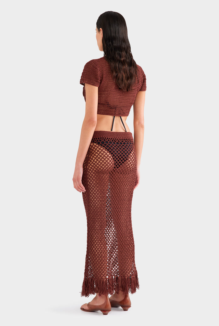 Floral Crochet Cotton Cropped Tee - Chocolate