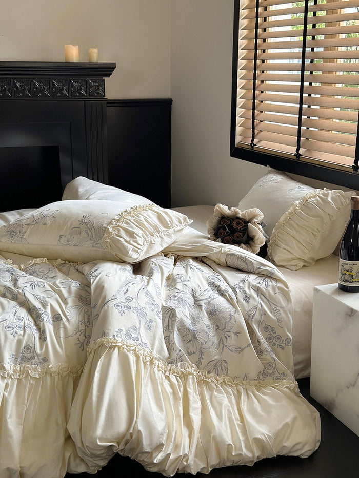 Floral Embroidery Ruffled Lace Cotton Bedding Set