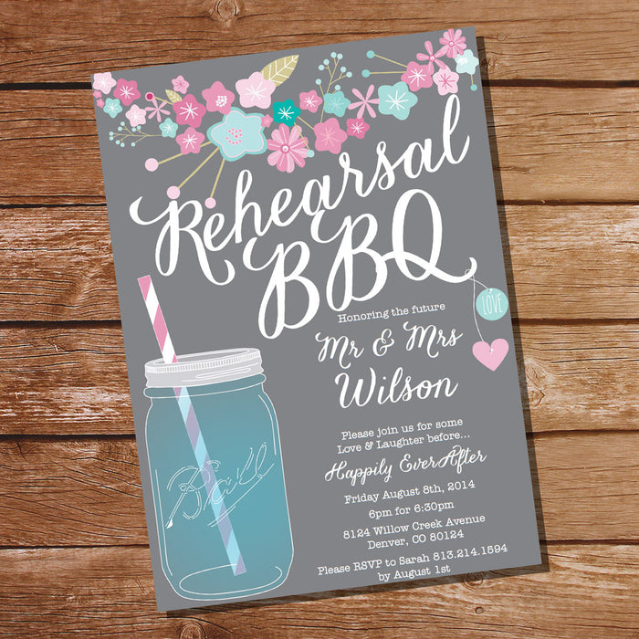 Floral Rehearsal BBQ Invitation | Gray Rehearsal Dinner Invitation