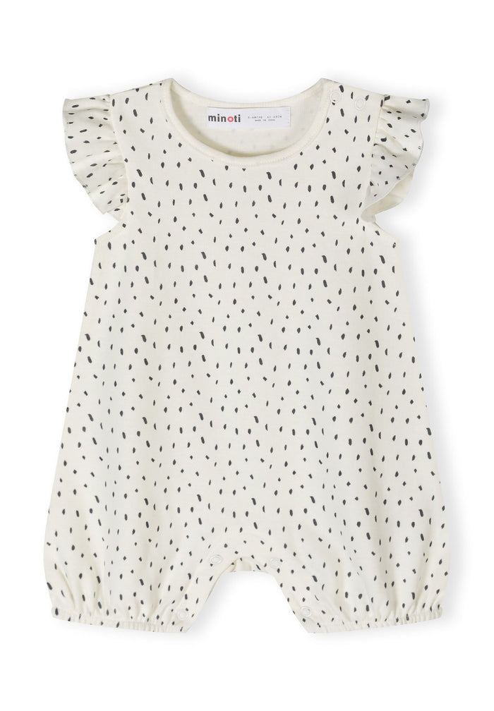 Girls cream romper with frill sleeves and colorful patterns, front view.