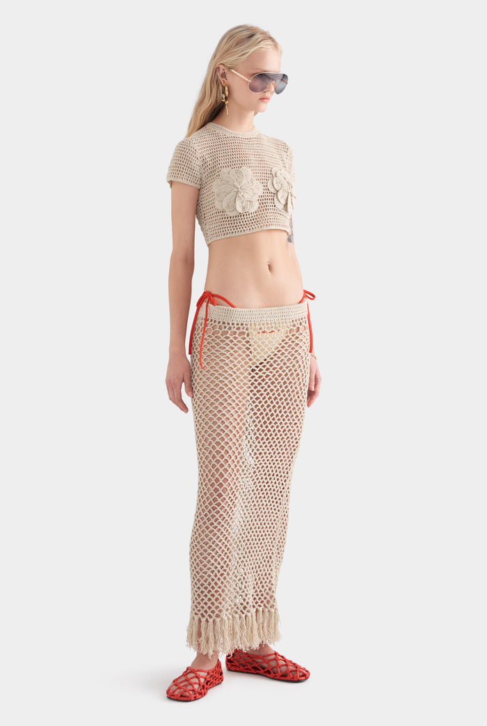 Fringed Crochet Cotton Midi Skirt - Natural
