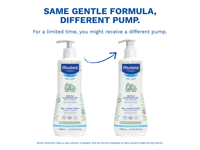 Mustela Gentle Cleansing Gel 500mL bottle shown twice side by side on a white background, with promotional text above reading 'SAME GENTLE FORMULA, DIFFERENT PUMP.' and a blue arrow pointing from the left bottle to the right bottle.