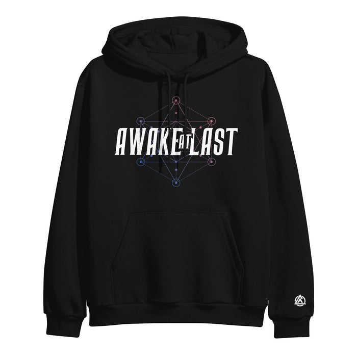 Awake At Last black hoodie with bold white AWAKE AT LAST text across the chest, topped by a vibrant geometric constellation design. Features a small white logo on the left sleeve cuff.