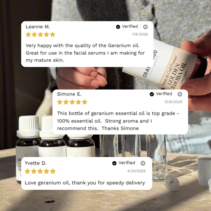 Customer reviews highlighting experiences with Craft 360's Geranium Essential Oil.