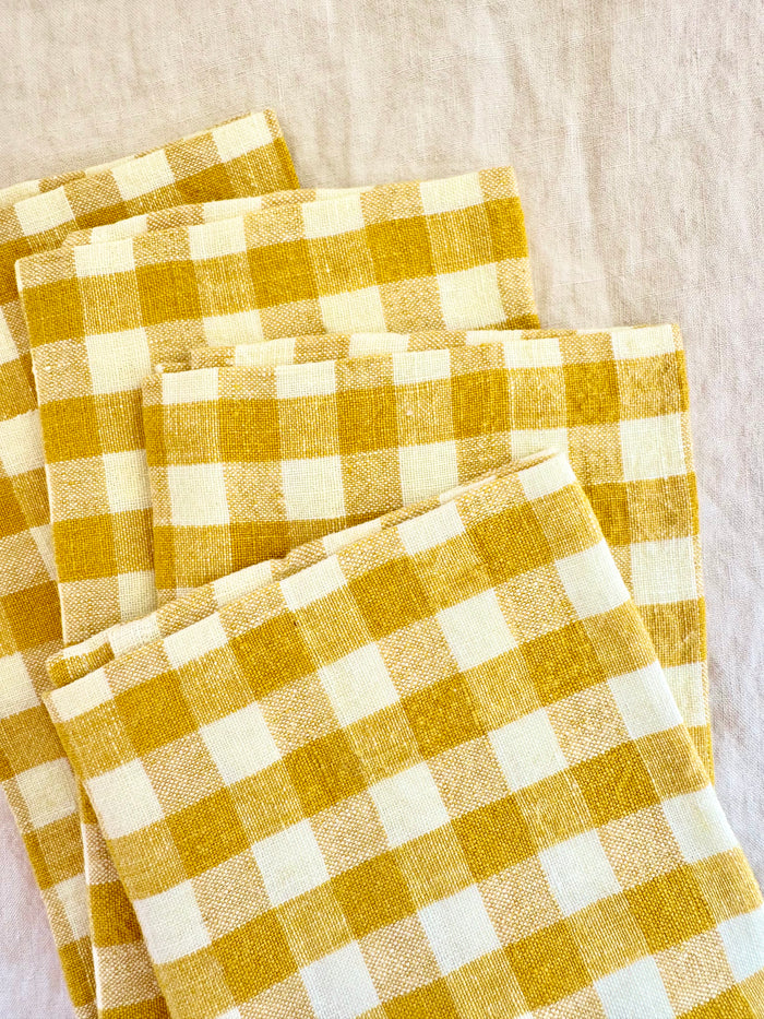 Gingham Belgian Linen Napkin - Mustard - Set of 4
