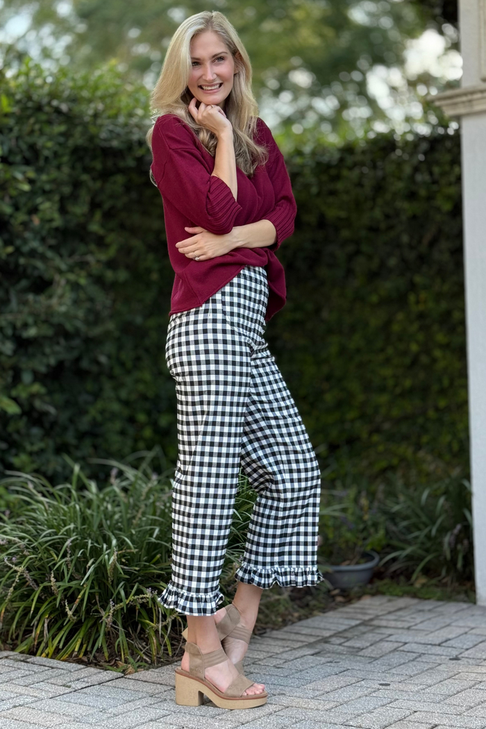 Gingham Ruffle Trim Straight Leg Pants in Black