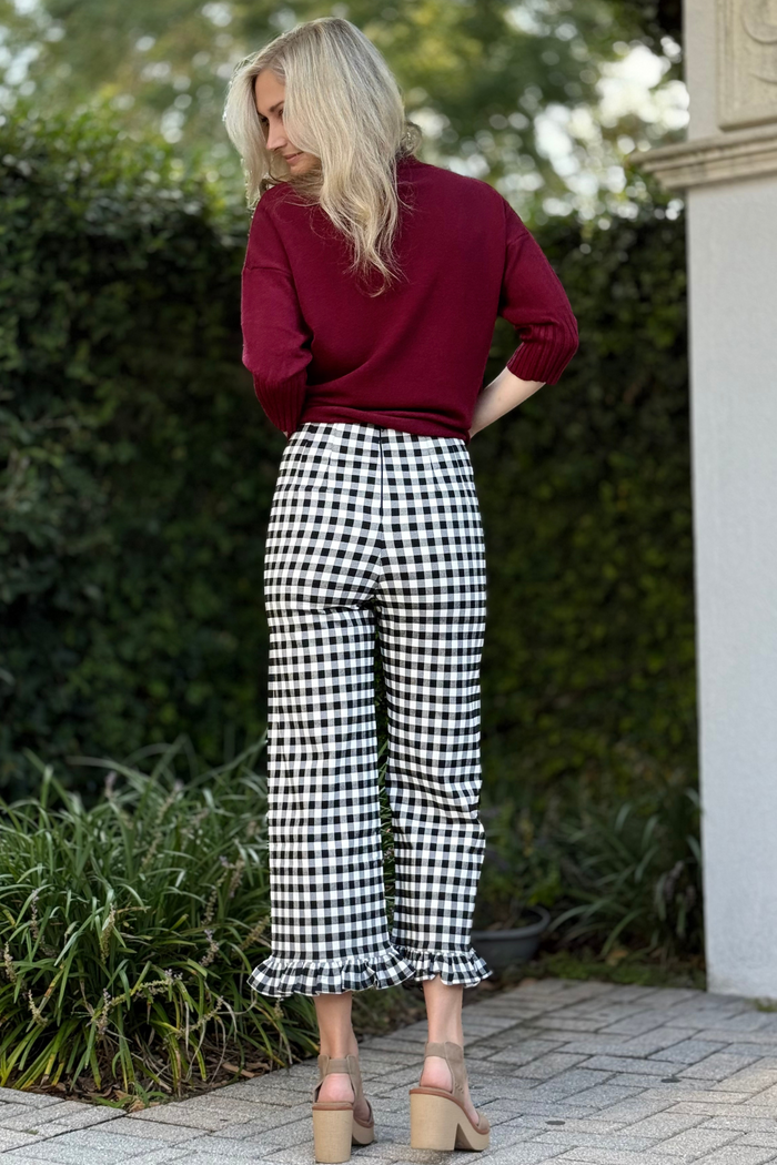 Gingham Ruffle Trim Straight Leg Pants in Black