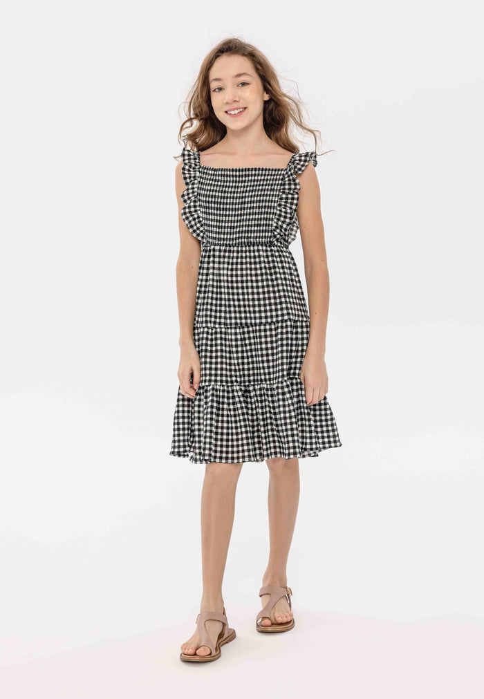 Tiered Dress, Black White Gingham, Frill Straps - 1
