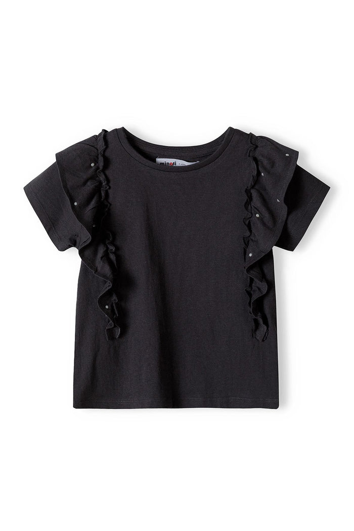 Ruffle T-Shirt with Pearl Detail, Black - 2