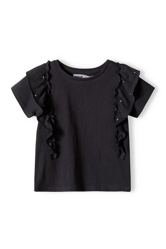 Ruffle T-Shirt with Pearl Detail, Black - 2