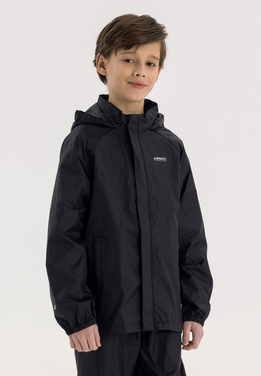Boys black waterproof packaway jacket, front view with hood and fitted cuffs.
