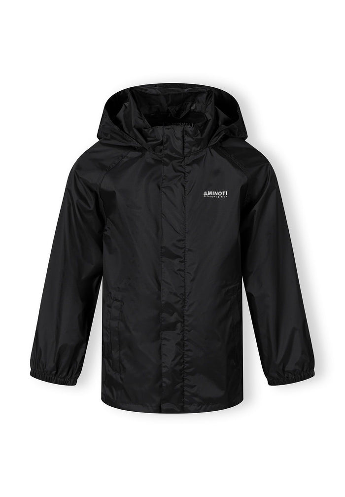 Boys black waterproof packaway jacket, front view, features hood and fitted cuffs.