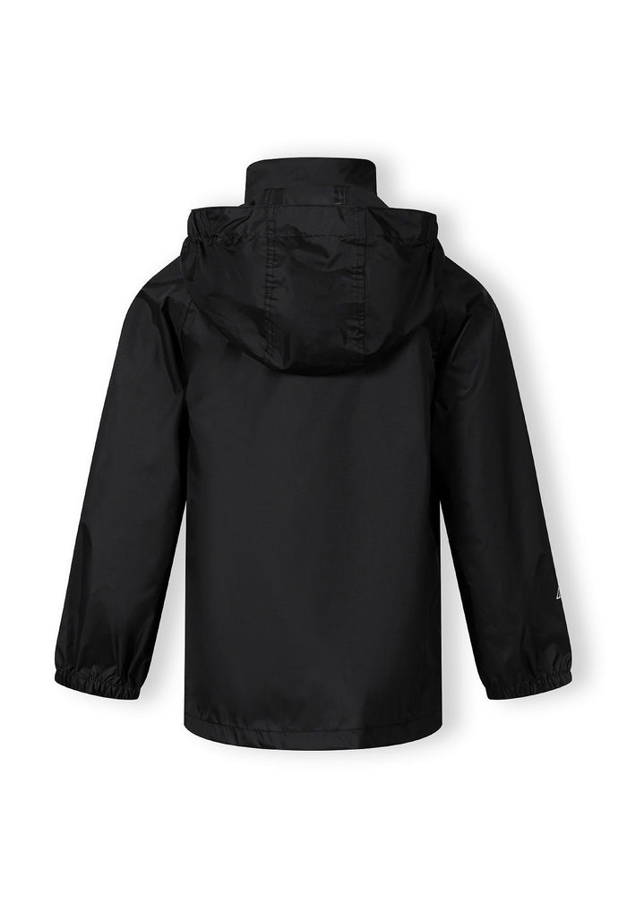 Back view of a black boys waterproof packaway jacket with a hood.