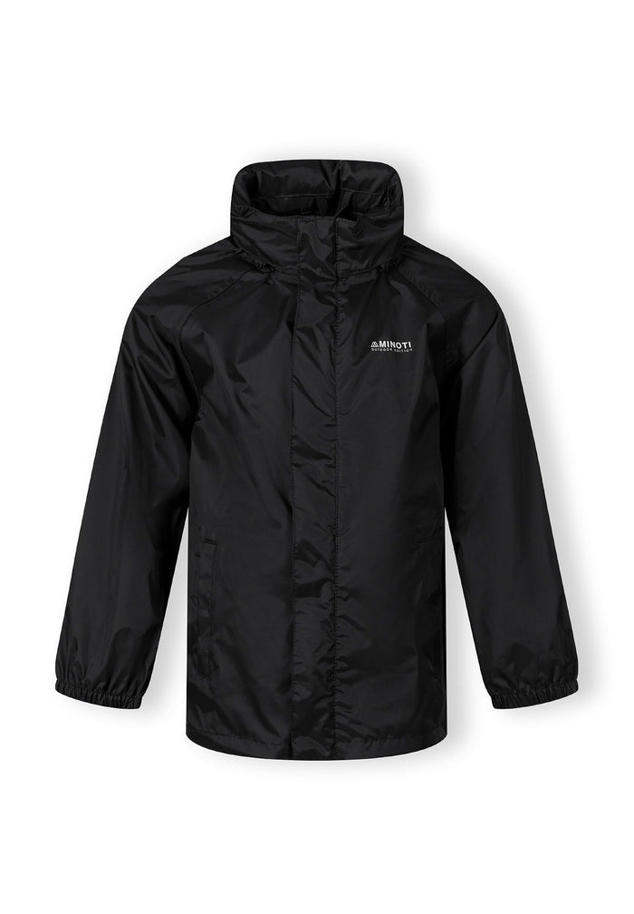 Boys black waterproof packaway jacket, front view with hood and fitted cuffs.