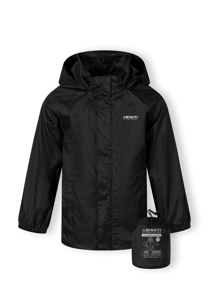 Boys black waterproof packaway jacket, front view with hood and full zip.