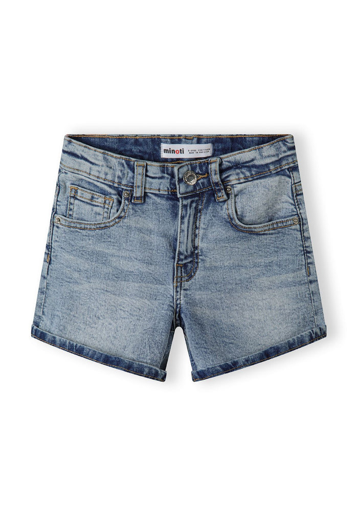 Girls high waist denim shorts with wide legs, front view, featuring folded cuffs and two side pockets.