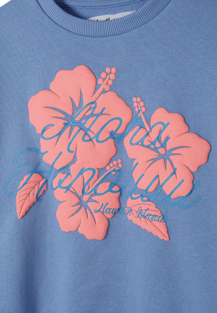 Detail of blue girls fleece sweatshirt with pink floral print and text.