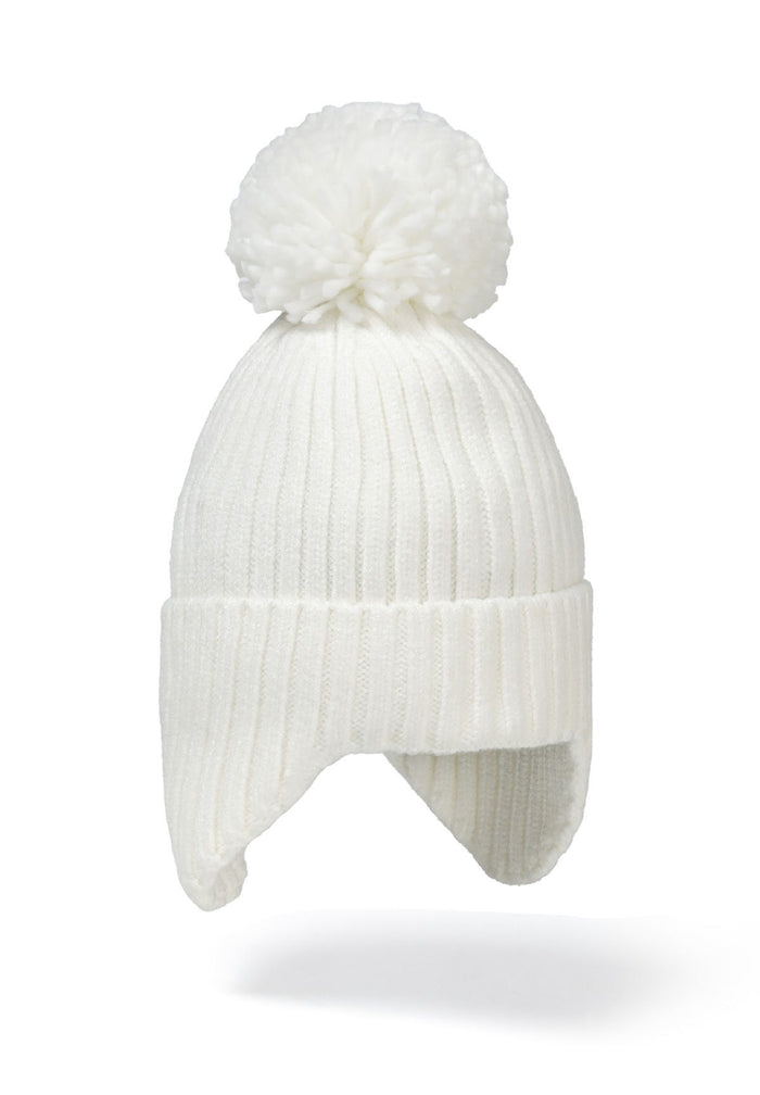 Knitted baby hat in cream with ear pieces and pom pom, front view.