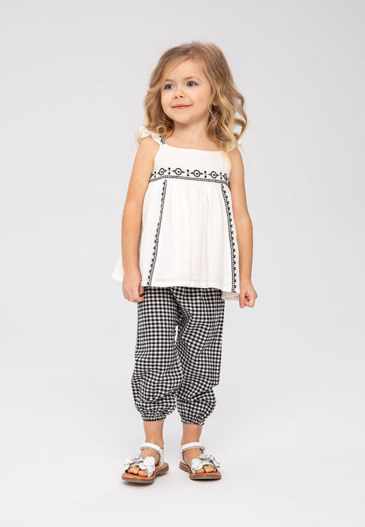 Embroidered Top & Gingham Trousers Set, Cream Black - 1