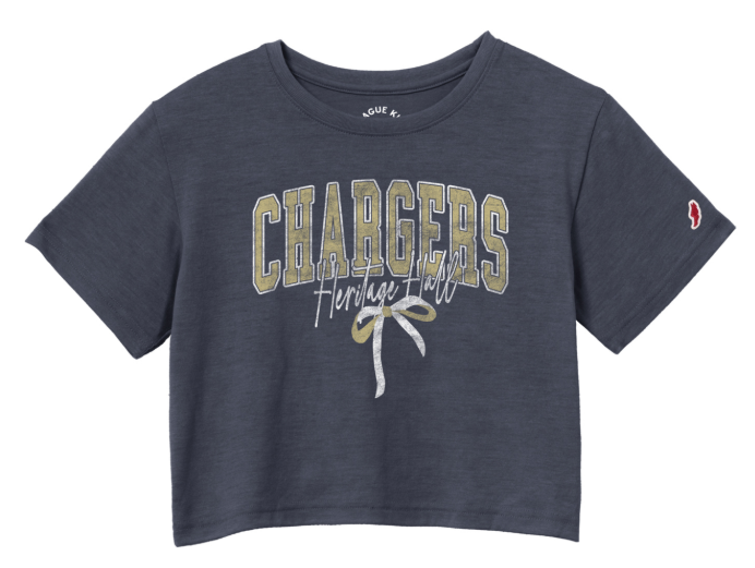 Girls cropped tee, League, navy heather, Chargers HHall bow