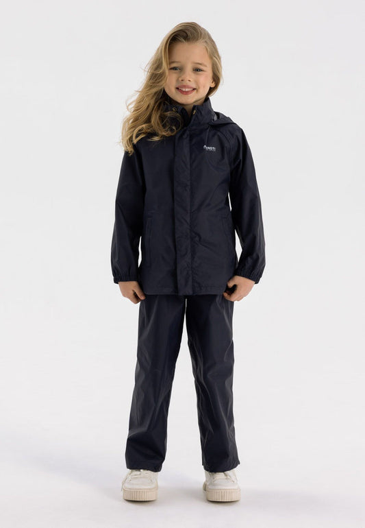Kids waterproof overpants in navy, front view, featuring elasticated waist and ankle cuffs.
