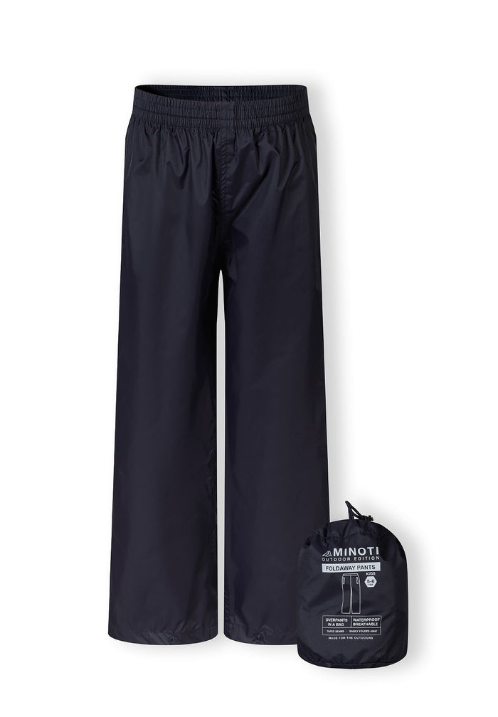 Kids waterproof packaway overpants in navy, front view with elasticated waist and ankle cuffs.
