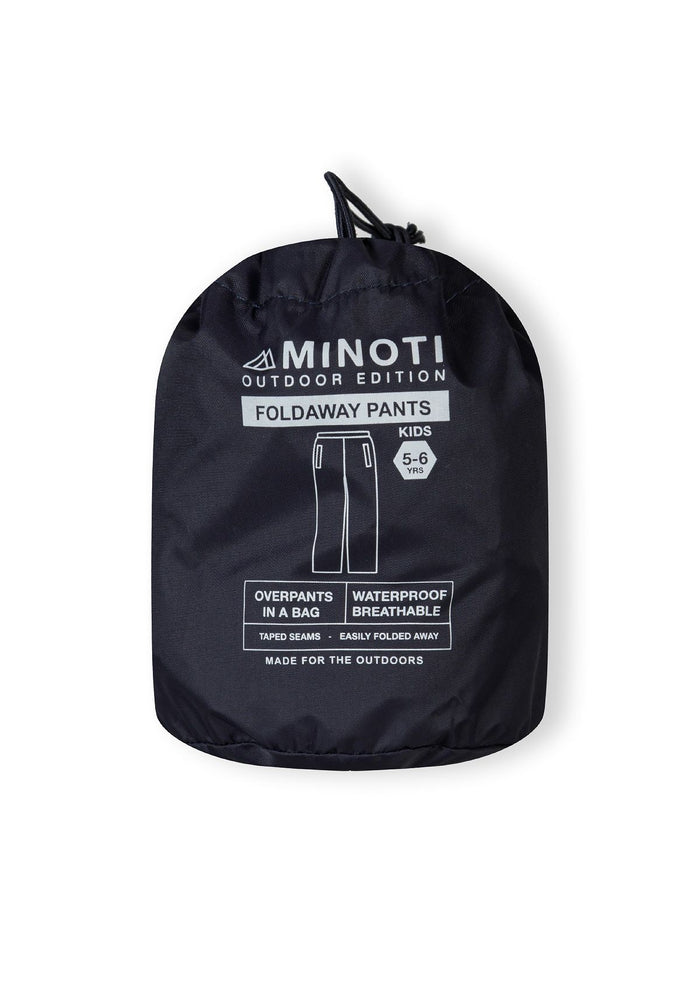 Detail of navy waterproof packaway overpants for kids, featuring a drawstring closure.