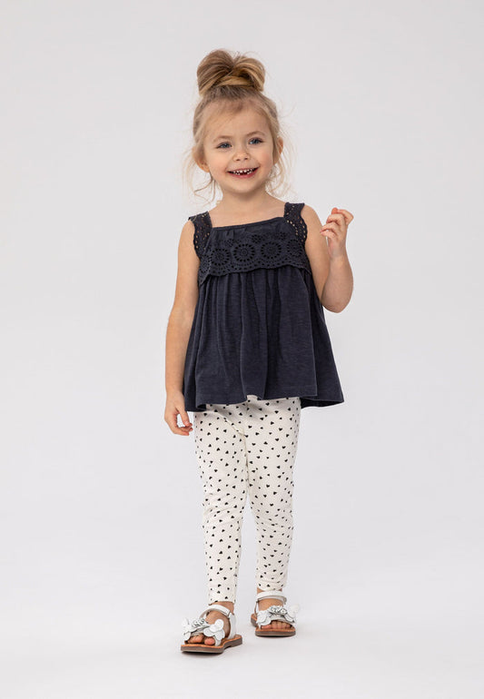 Broderie Top & Heart Leggings Set, Navy Cream - 1