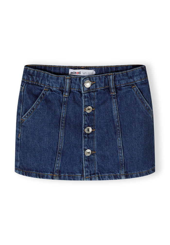 Girls denim skirt in navy, front view with button fastening and front pockets.