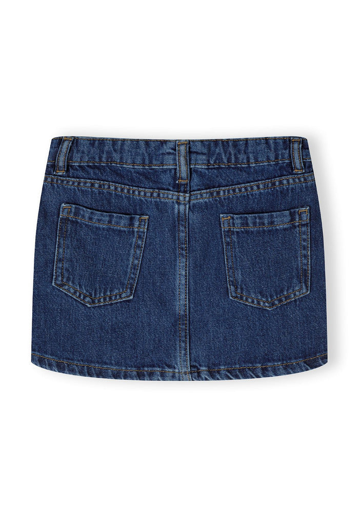 Back view of a girls denim skirt with button fastening and two back pockets.